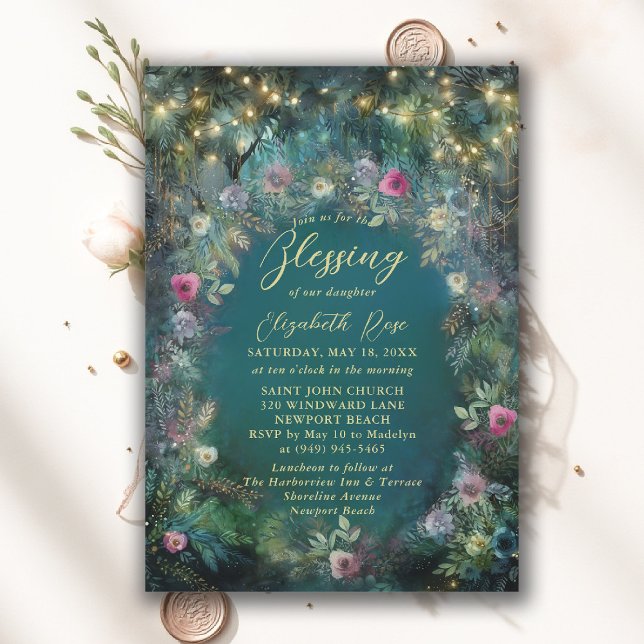 Invitación Bendición de Bautizo Jardín Encantado Cuento de Ha (baptism invitation christening enchanted forest garden botanical greenery roses emerald gold frame)