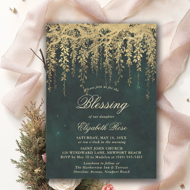 Invitación Bendición de Bautizo Viñas Encantadas de Cuento de (baptism invitation christening enchanted forest garden botanical greenery emerald gold vines)