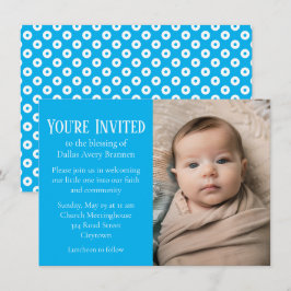 Invitación Bendición de bebé con foto de puntos de polka azul
