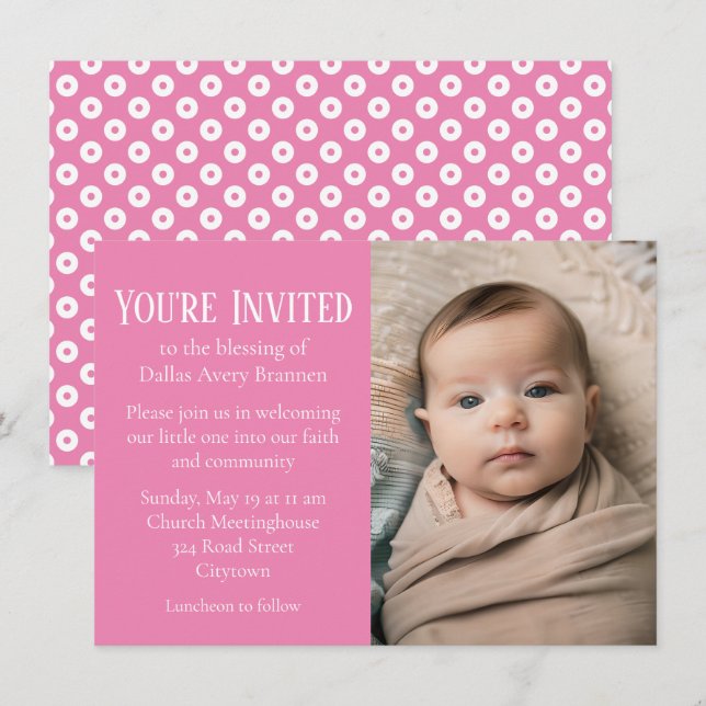 Invitación Bendición de bebé con foto de puntos de polka rosa (Anverso / Reverso)