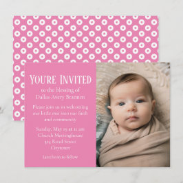 Invitación Bendición de bebé con foto de puntos de polka rosa