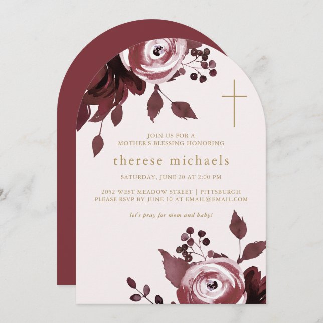 Invitación Bendición de madre cristiana a cruz floral borgoño (Anverso / Reverso)