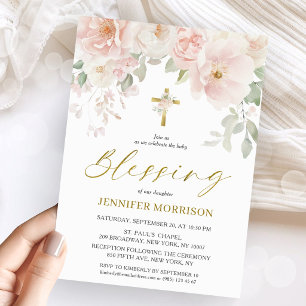 Invitación Bendición de niña floral rosa Blush femenina