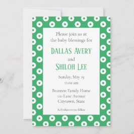Invitación Bendición del bebé gemelo verde verde de Polka-Dot