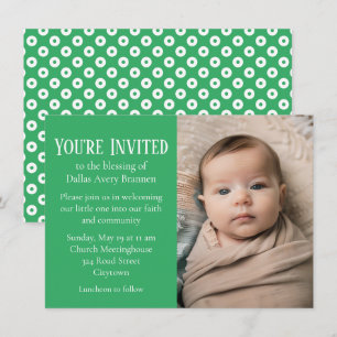 Invitación Bendición del bebé verde y blanco de la foto de un