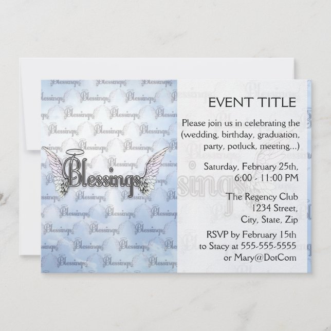 Invitación Bendiciones con nubes, alas de ángel y halo (Anverso)