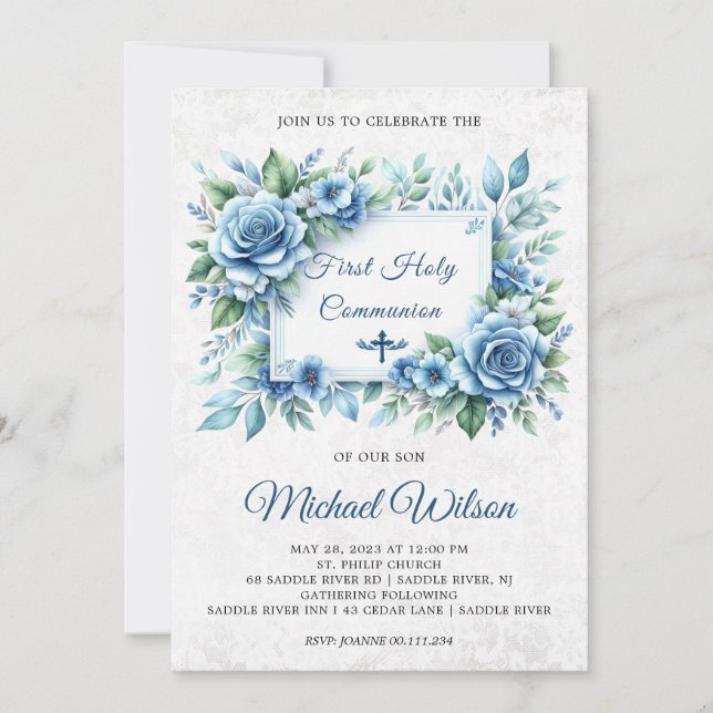 Invitación Bendito Día Primero Santa Comunión Floral (Anverso)