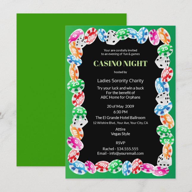 Invitación Beneficio de caridad del Fiesta nocturno del Casin (Anverso / Reverso)