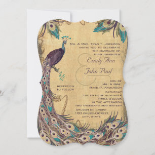 Invitación Berenjena Acuario  Pavo Real Vintage 3 Plumas
