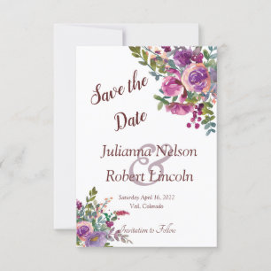 Invitación Berenjena con acuarela morada y rosa para guardar 