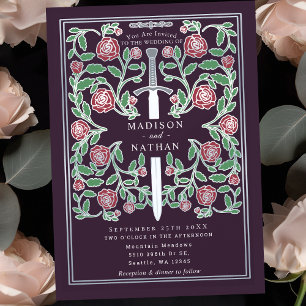 Invitación Berenjena Espada de Plata Bodas de Fantasía Mediev