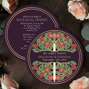 Invitación Berenjena Floral Espada Ensayo de Boda Gold 