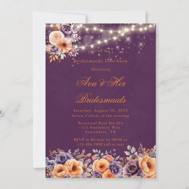 Invitación Berenjena Naranja Floral Elegante Almuerzo de Dama (Anverso)