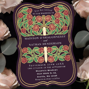 Invitación Berenjena Real Floral Espada Medieval Boda