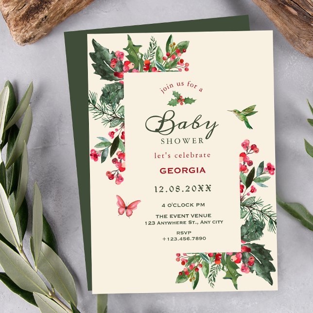 Invitación Berries branch floral baby shower (Subido por el creador)