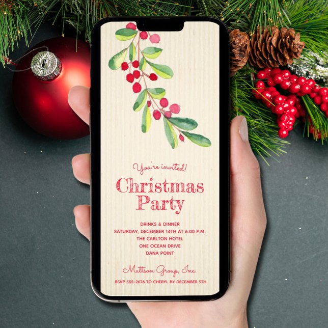 Invitación Berries de color agua y Navidades de hojas (Watercolor Berries and Leaves Christmas Invitations - INSTANT DOWNLOAD and/or PRINTED)
