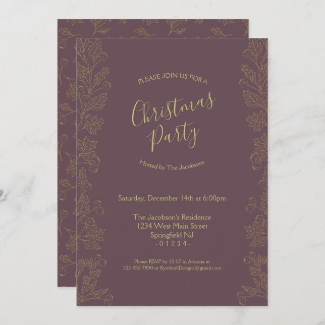 Invitación Berries de invierno del Relieve metalizado Dorado (Anverso / Reverso)