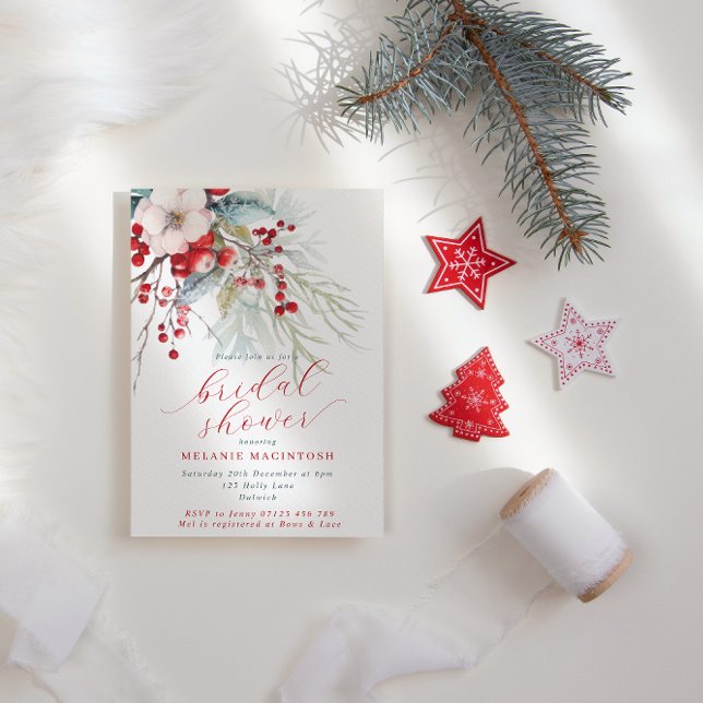 Invitación Berries de invierno y ducha de novias rojas y verd (Subido por el creador)