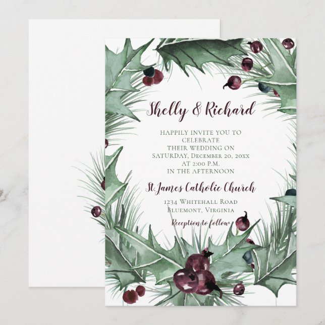 Invitación Berries, Holly y Ferns Bodas de Invierno (Anverso / Reverso)