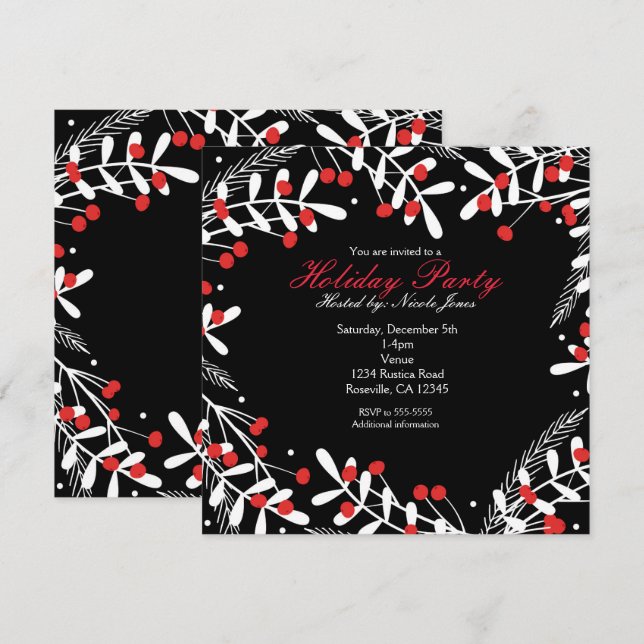 Invitación Berries rojas y blancos dejan fiesta de feriado ne (Anverso / Reverso)