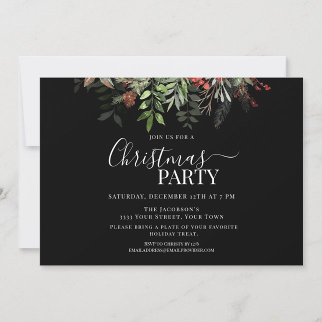 Invitación Berries y Navidades florales verdes Fiesta negro (Anverso)