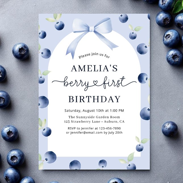 Invitación Berry 1.ᵉʳ primer cumpleaños de Bow Blueberry Chic (Subido por el creador)