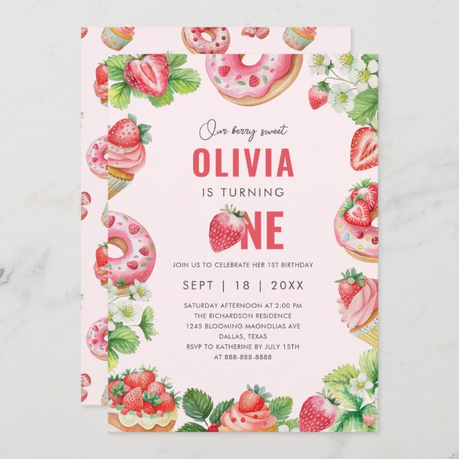 Invitación Berry 1 cumpleaños Chica de fresa dulce rosa (Anverso / Reverso)