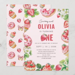 Invitación Berry 1 cumpleaños Chica de fresa dulce rosa