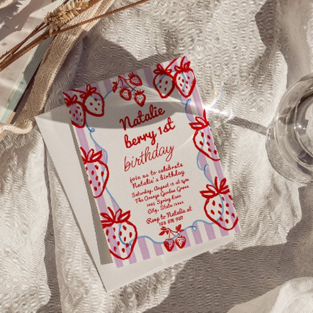 Invitación Berry 1mano Chica de fresa dibujado Fun Cumpleaños (Subido por el creador)