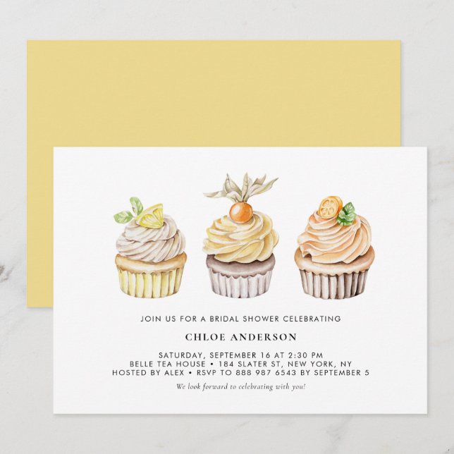 Invitación Berry acuarela y cupcakes de cítricos Ducha de nov (Anverso / Reverso)