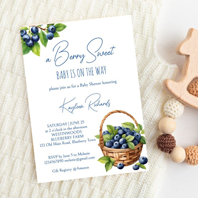 Invitación Berry azul dulce de bebé (Blueberry berry sweet baby shower invitation template digital download summer gender neutral invite)