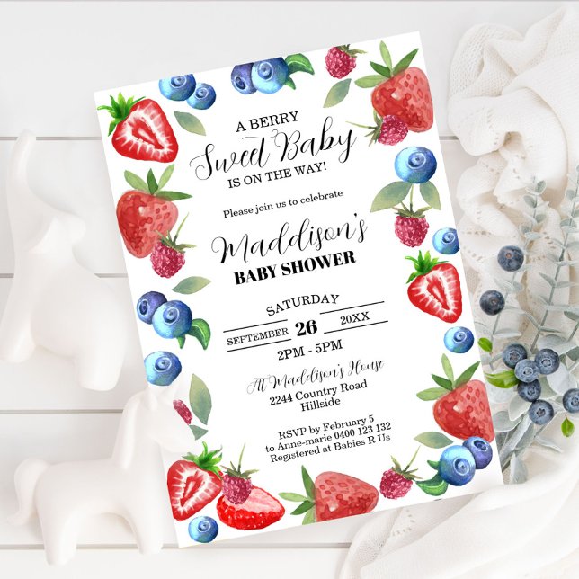 Invitación Berry Baby Shower Invitation Berry Sweet Baby (Berry Sweet Baby' Shower Invitation! This design bursts with juicy strawberries, blueberries)