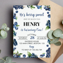 Berry Blueberry Sweet First Birthday Invitation