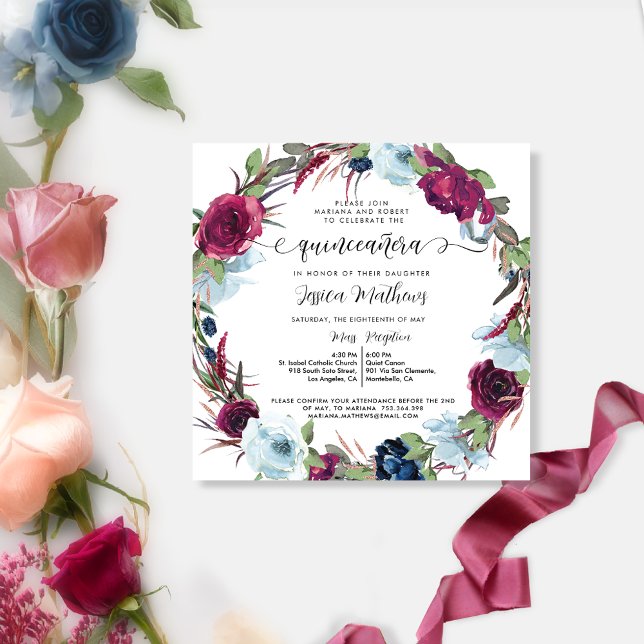 Invitación Berry, Borgoña, Rojo, Blue Wreath Quinceañera (Subido por el creador)