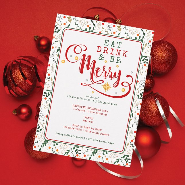 Invitación Berry Branch Eat Drink Be Merry Christmas Potluck (Berry Branch Bold Script Eat Drink Be Merry Christmas Potluck for Church Family Office Xmas Parties)