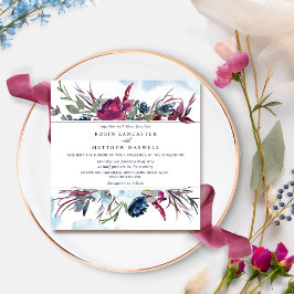 Invitación Berry Burgundy y Blue Floral Square Boda Inv