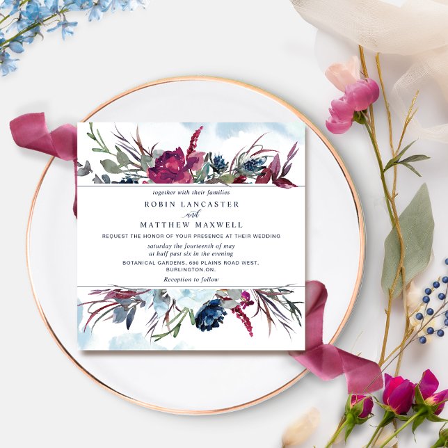 Invitación Berry Burgundy y Blue Floral Square Boda Inv (Subido por el creador)
