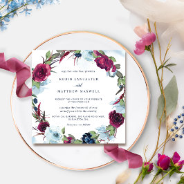 Invitación Berry Burgundy y Blue Floral Wreath Boda