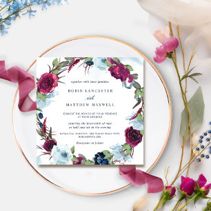 Invitación Berry Burgundy y Blue Floral Wreath Boda
