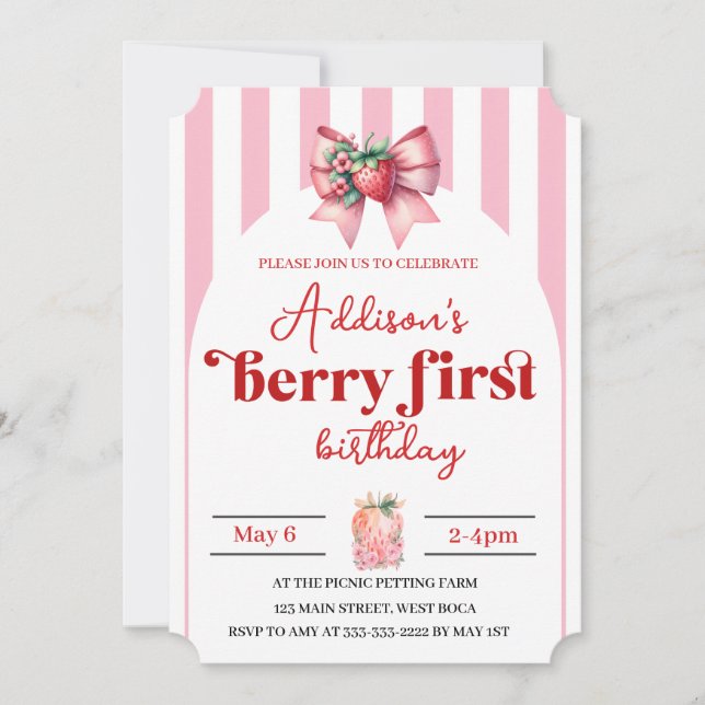 Invitación Berry con el primer cumpleaños de Bow con foto (Anverso)