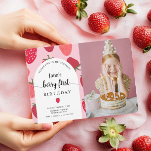Invitación Berry con foto   Cumpleaños de fresa rosa y roja