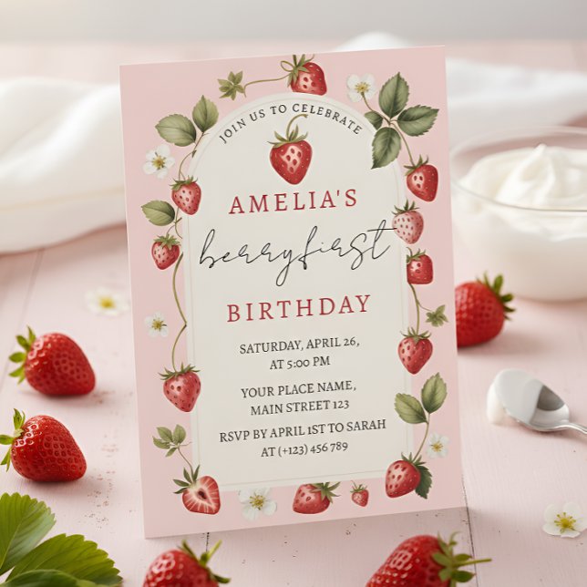 Invitación Berry Cute Strawberry First Birthday Celebration (Subido por el creador)