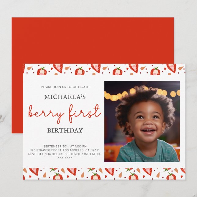 Invitación Berry de foto roja blanca (Anverso / Reverso)