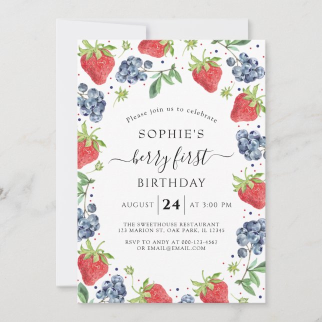 Invitación Berry de fresa de arándano azul primer cumpleaños (Anverso)