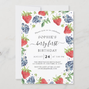Invitación Berry de fresa de arándano azul primer cumpleaños