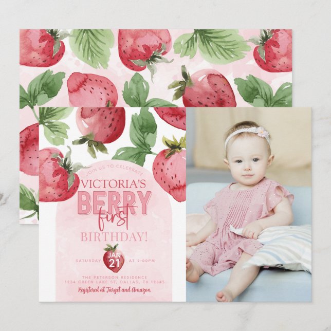 Invitación Berry de fresa rosa Primer Fiesta de cumpleaños (Anverso / Reverso)