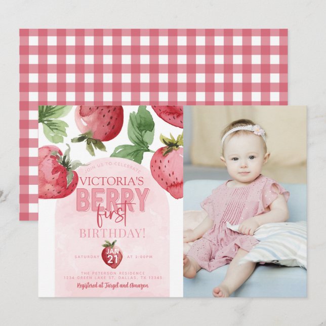 Invitación Berry de fresa rosa Primer Fiesta de cumpleaños (Anverso / Reverso)