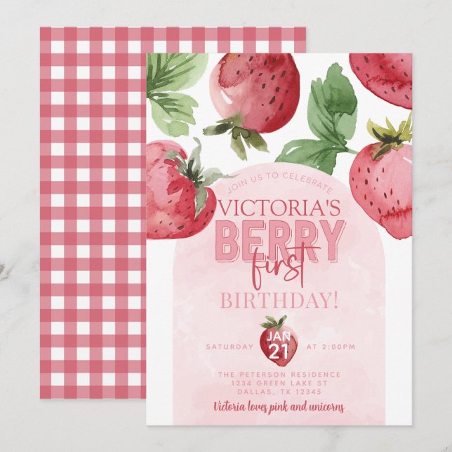Invitación Berry de fresa rosa Primer Fiesta de cumpleaños (Anverso / Reverso)