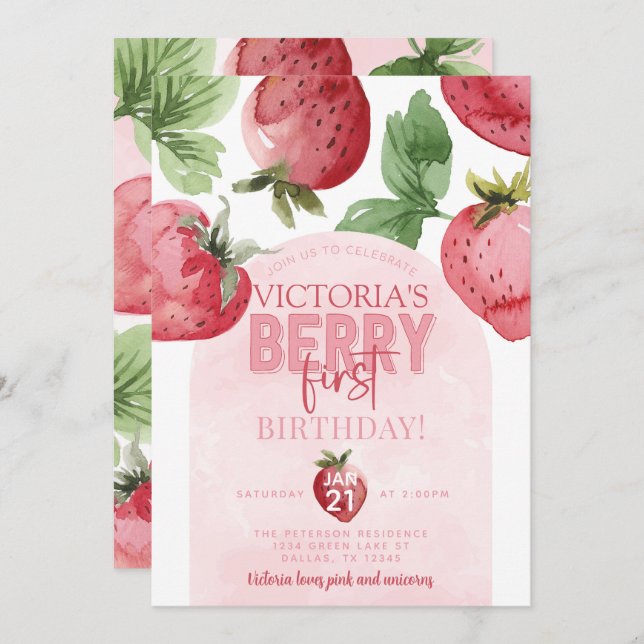 Invitación Berry de fresa rosa Primer Fiesta de cumpleaños (Anverso / Reverso)