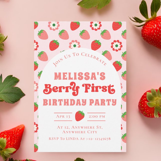 Invitación Berry de fresa rosada lindo primer cumpleaños (Subido por el creador)